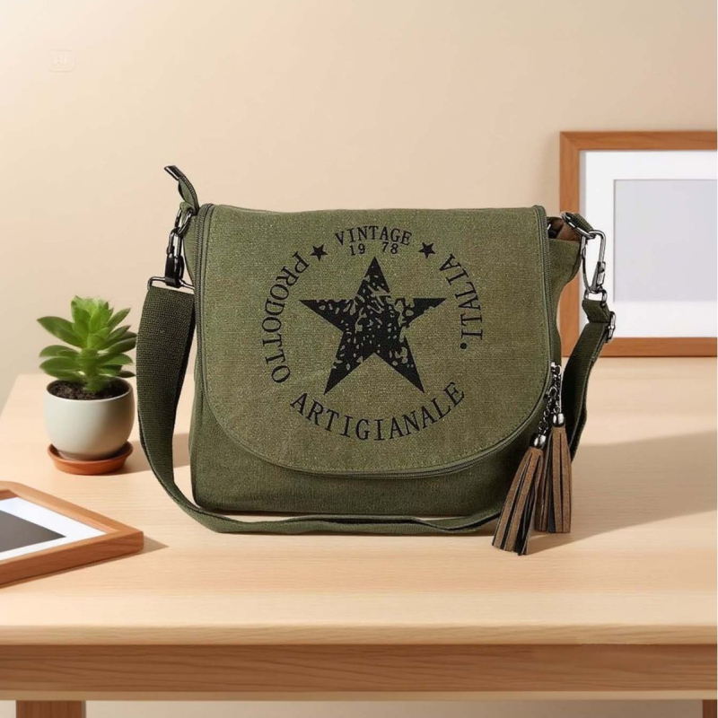 Retro platnena torba preko ramena za žene, casual messenger torba, otisak zvjezdnog loga, velika kapaciteta