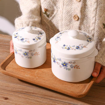 Castron ceramic pentru gătit în baie de aburi, cu capac și mâner dublu, pentru ouă la abur și supe acasă