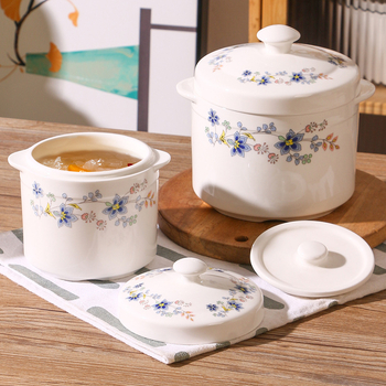 Castron ceramic pentru gătit în baie de aburi, cu capac și mâner dublu, pentru ouă la abur și supe acasă