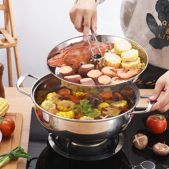 Oală de abur din oțel inoxidabil, îngroșată, pentru pește și hot pot — utilizare casnică și comercială, capac din sticlă, un singur nivel