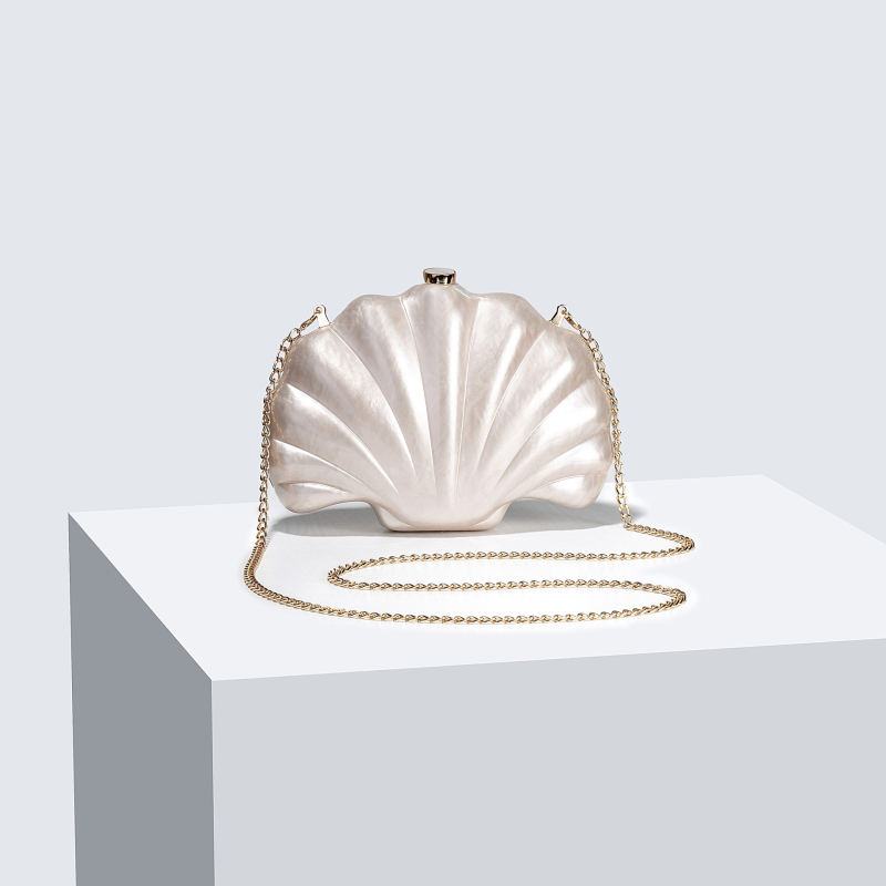 Geantă de umăr din acrilic, în formă de scoică, clutch oval pentru nunți și evenimente de seară