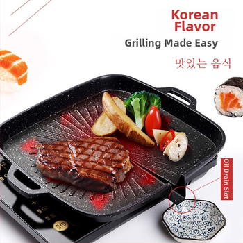 Tigaie grill pătrată în stil coreean, cu suprafață antiaderentă din marmură, Teppanyaki placă pentru uz casnic și comercial