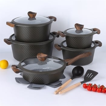 Set de 15 piese Maifan stone pentru oale de supă adânci, cu strat antiaderent, construcție turnată, fund marmorat, vase din aluminiu țesut