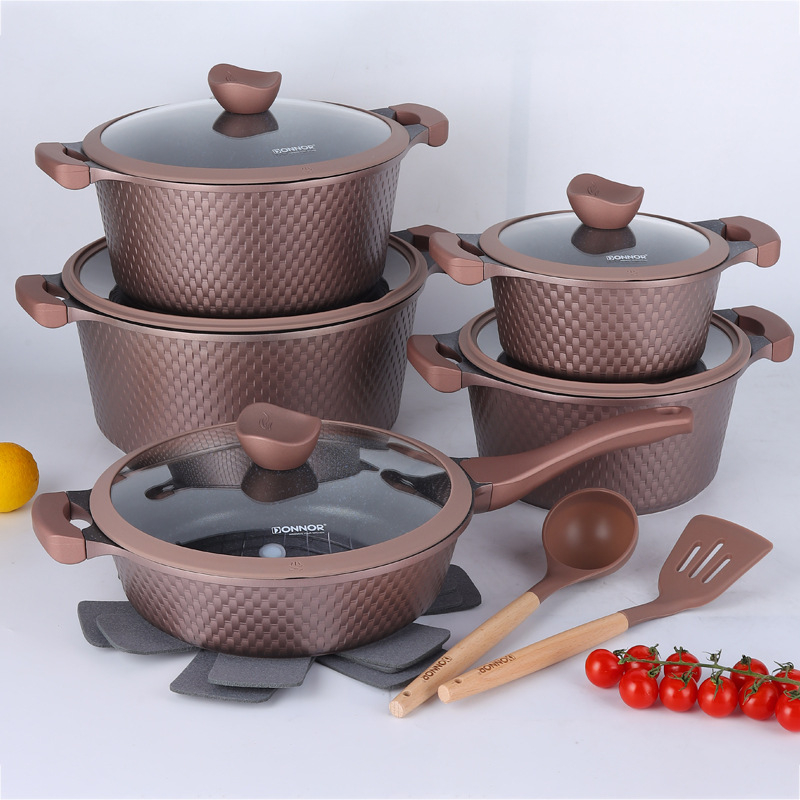 Set de 15 piese Maifan stone pentru oale de supă adânci, cu strat antiaderent, construcție turnată, fund marmorat, vase din aluminiu țesut