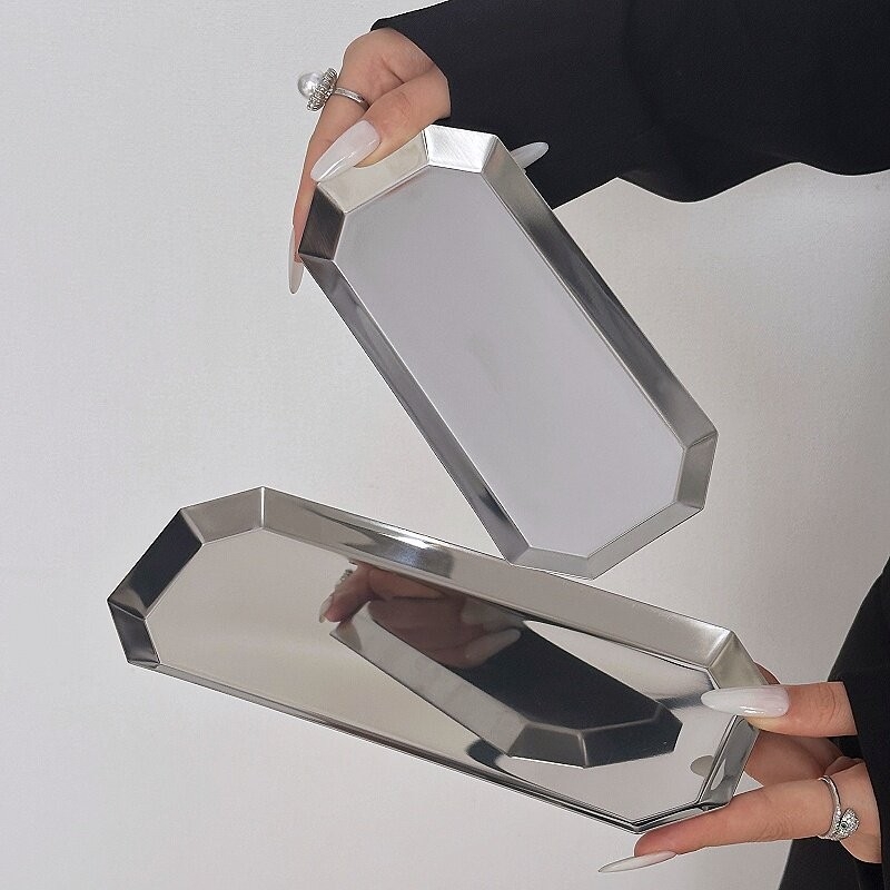 Farfurie octagonală din oțel inoxidabil pentru prăjituri și deserturi, farfurie de servire în stil Instagram, farfurie pentru grătar și gustări, tavă de depozitare, farfurie decorativă
