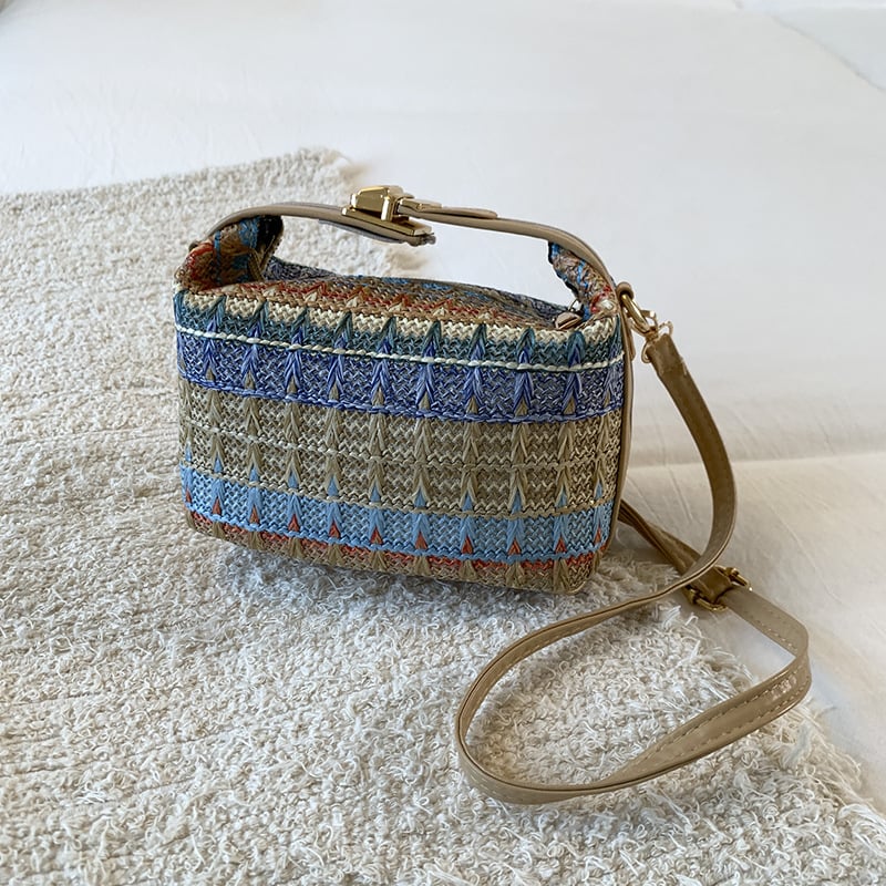 Moderna pletena etno-stil torba-vedro s lančanim remenom, za žene, minimalistička crossbody torba, ljeto 2025