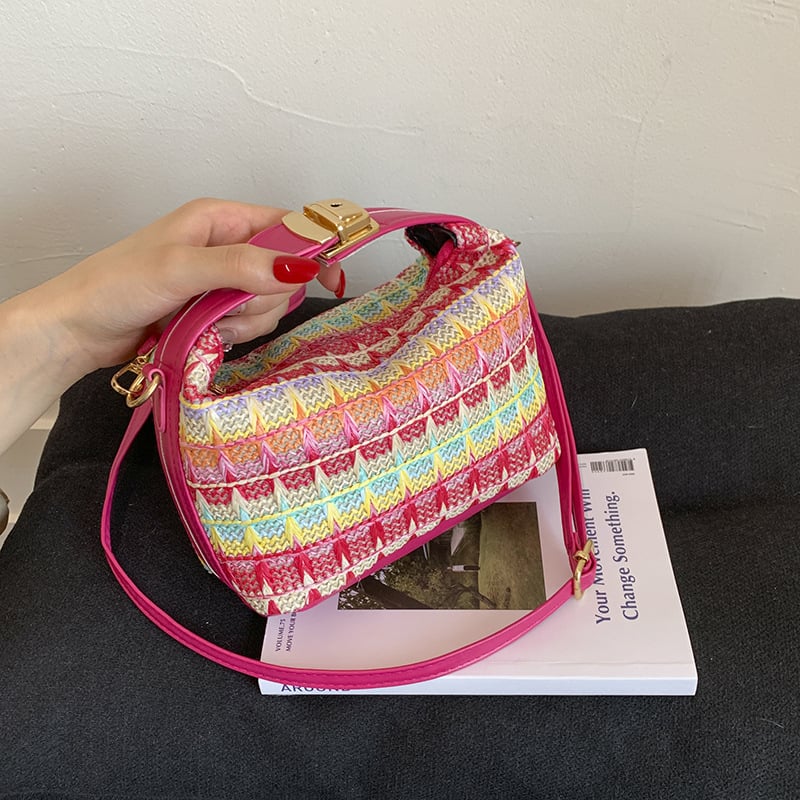 Moderna pletena etno-stil torba-vedro s lančanim remenom, za žene, minimalistička crossbody torba, ljeto 2025
