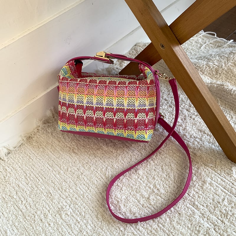 Moderna pletena etno-stil torba-vedro s lančanim remenom, za žene, minimalistička crossbody torba, ljeto 2025