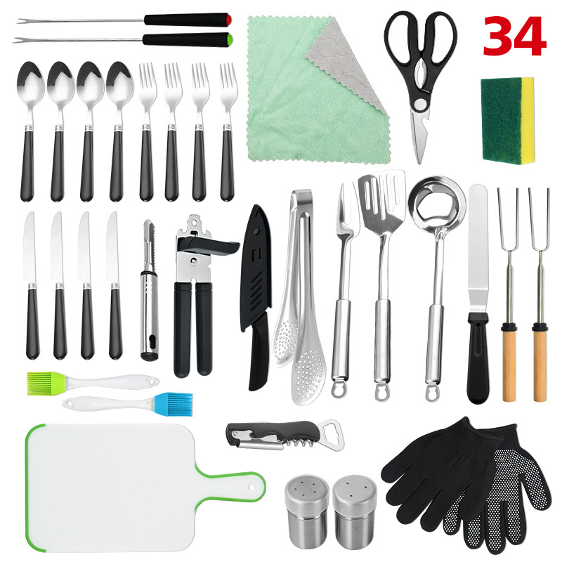 Set de unelte pentru grătar în aer liber, 34 de piese din oțel inoxidabil, cu mănuși, cuțit, clemă, perie, furculiță, semn și lopată