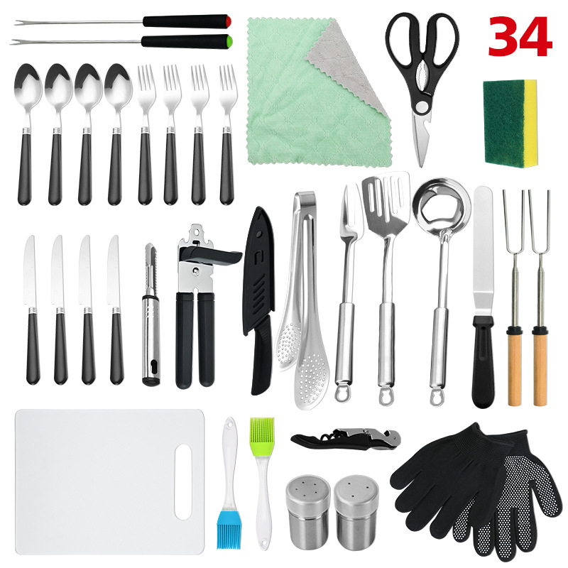 Set de unelte pentru grătar în aer liber, 34 de piese din oțel inoxidabil, cu mănuși, cuțit, clemă, perie, furculiță, semn și lopată