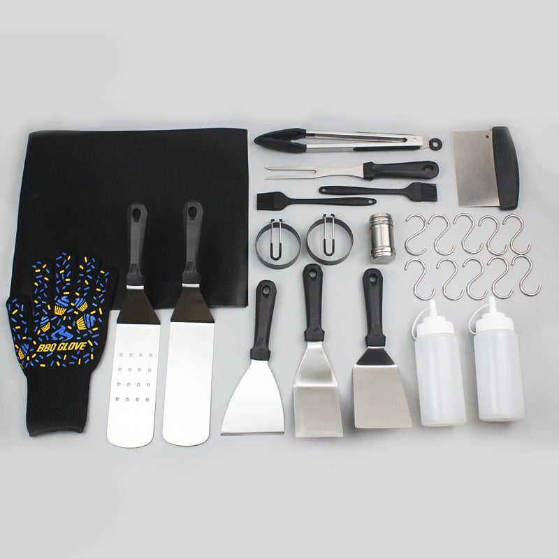 Set de unelte pentru grătar din oțel inoxidabil pentru exterior – spatul pentru grătar, lopată pentru grătar, cuțit, clemă, pensulă, furculiță, mănuși și plasă