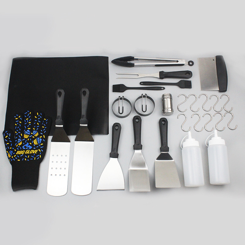 Set de unelte pentru grătar din oțel inoxidabil pentru exterior – spatul pentru grătar, lopată pentru grătar, cuțit, clemă, pensulă, furculiță, mănuși și plasă
