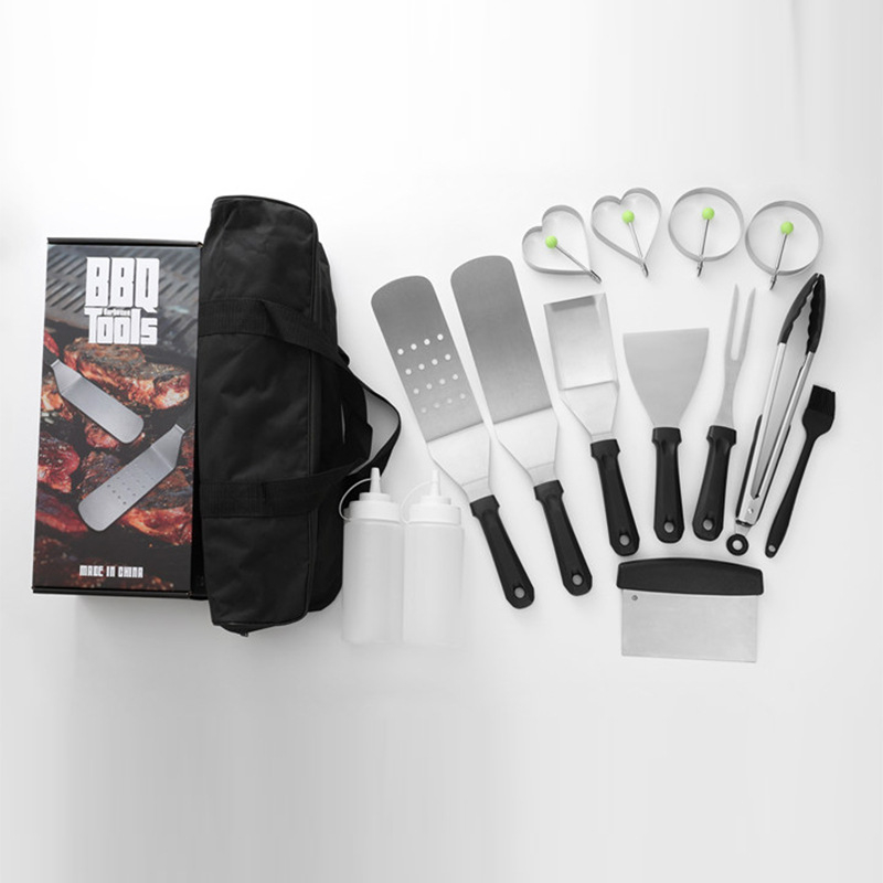 Set de unelte pentru grătar din oțel inoxidabil pentru exterior – spatul pentru grătar, lopată pentru grătar, cuțit, clemă, pensulă, furculiță, mănuși și plasă