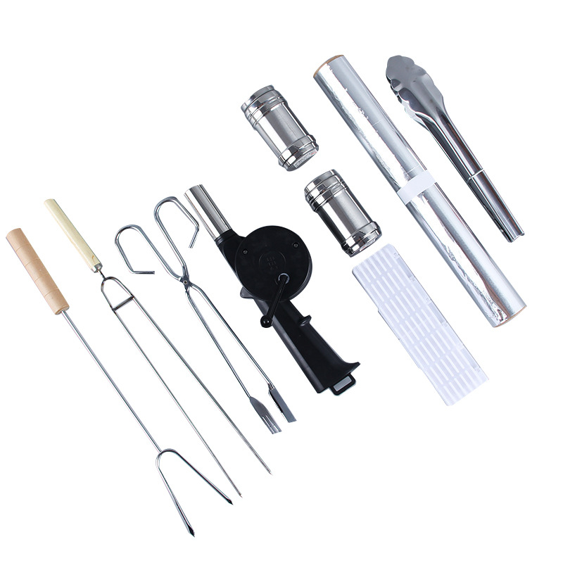 Set de instrumente pentru grătar din oțel inoxidabil, cu 10 accesorii pentru exterior și 15 bucăți folie de aluminiu