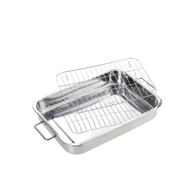 Rozsdamentes acélból készült téglalap alakú grill tál rácsos és csepegtető tálcával – hal, pulyka, hús és csirke számára, sütőhöz