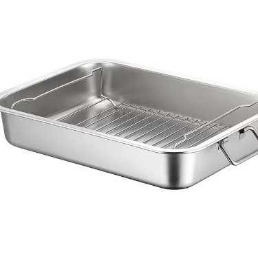 Rozsdamentes acélból készült téglalap alakú grill tál rácsos és csepegtető tálcával – hal, pulyka, hús és csirke számára, sütőhöz