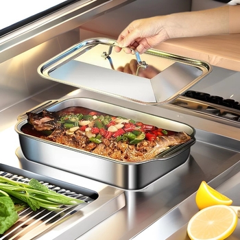 Farfurie pentru pește din oțel inoxidabil de calitate alimentară 304, cu capac, tavă pătrată pentru grătar, camping și fructe de mare