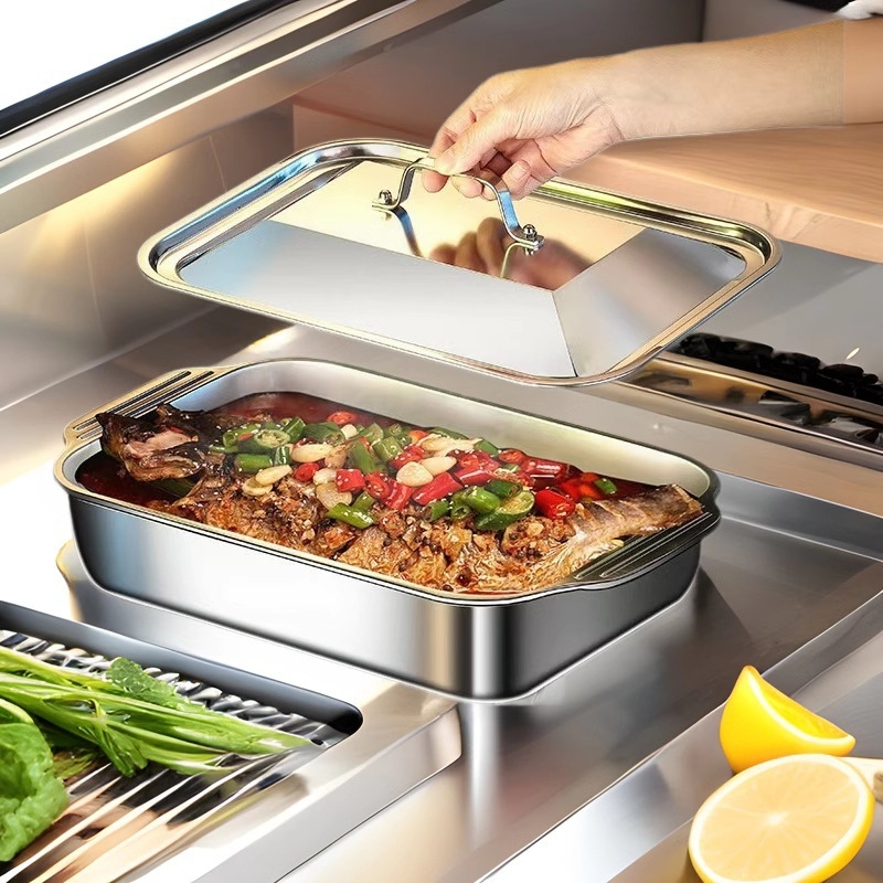 Farfurie pentru pește din oțel inoxidabil de calitate alimentară 304, cu capac, tavă pătrată pentru grătar, camping și fructe de mare
