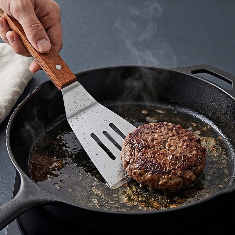 Set spatule din oțel inox cu mâner din lemn — spatulă mică pentru prăjit, spatulă perforată pentru friptură și pizza, unelte de grătar pentru exterior, anti-arzare, antiderapant