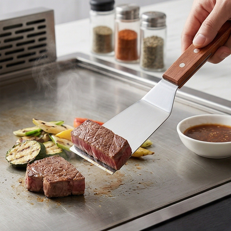Set spatule din oțel inox cu mâner din lemn — spatulă mică pentru prăjit, spatulă perforată pentru friptură și pizza, unelte de grătar pentru exterior, anti-arzare, antiderapant