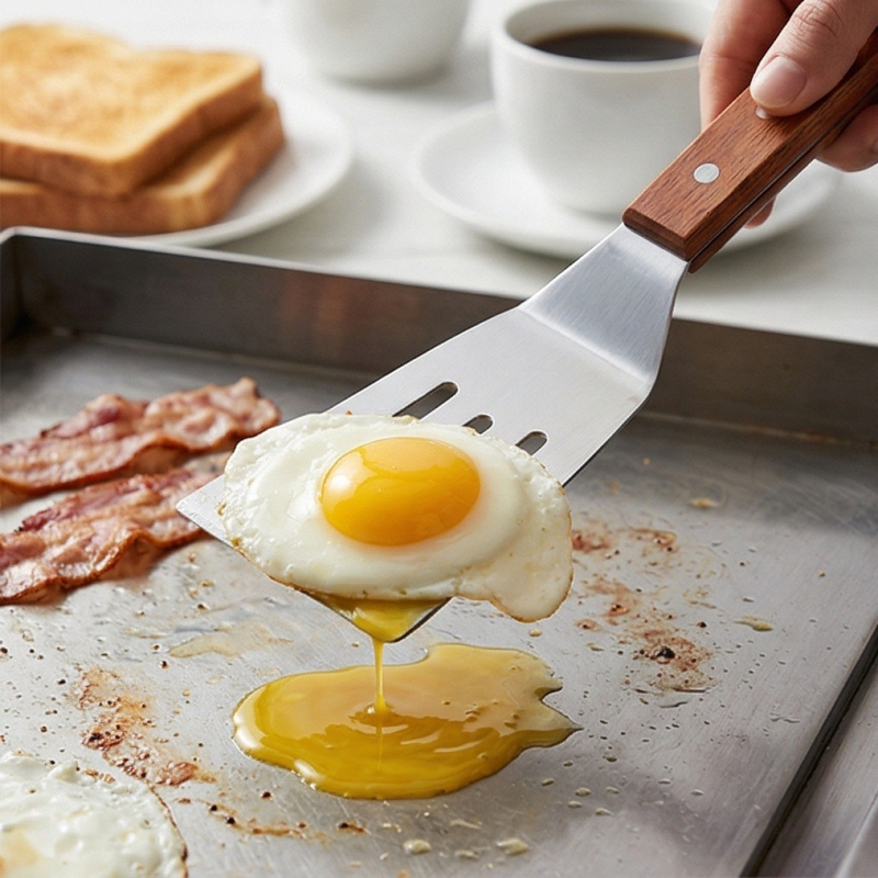 Set spatule din oțel inox cu mâner din lemn — spatulă mică pentru prăjit, spatulă perforată pentru friptură și pizza, unelte de grătar pentru exterior, anti-arzare, antiderapant