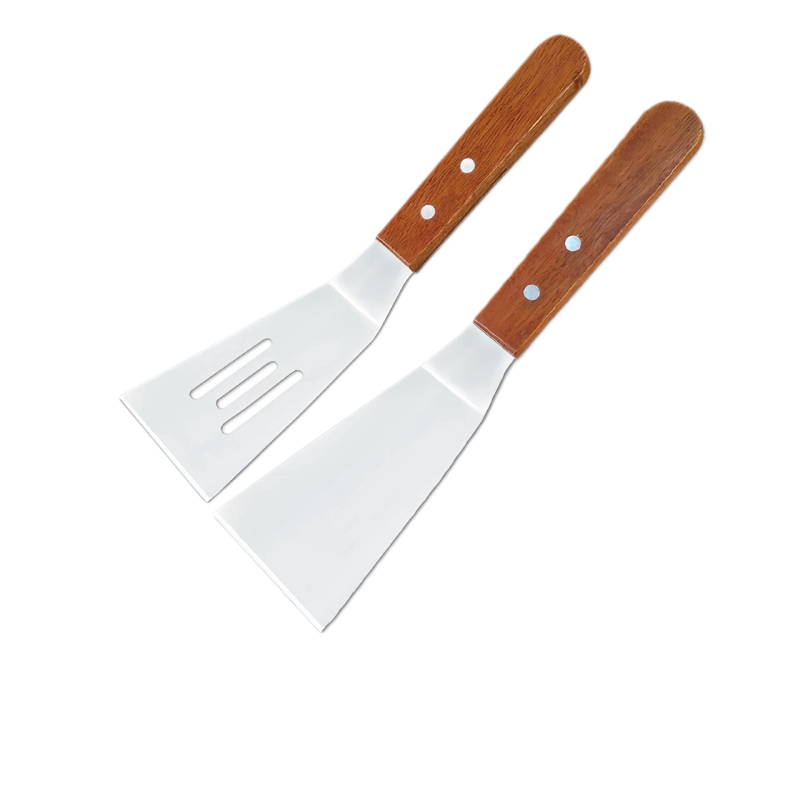 Set spatule din oțel inox cu mâner din lemn — spatulă mică pentru prăjit, spatulă perforată pentru friptură și pizza, unelte de grătar pentru exterior, anti-arzare, antiderapant