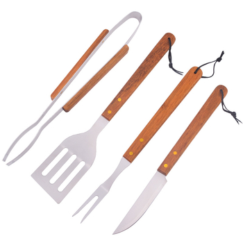 Set exterior din 4 instrumente BBQ cu mâner din lemn și oțel inoxidabil — cuțit, clipsă, furculiță, spatulă