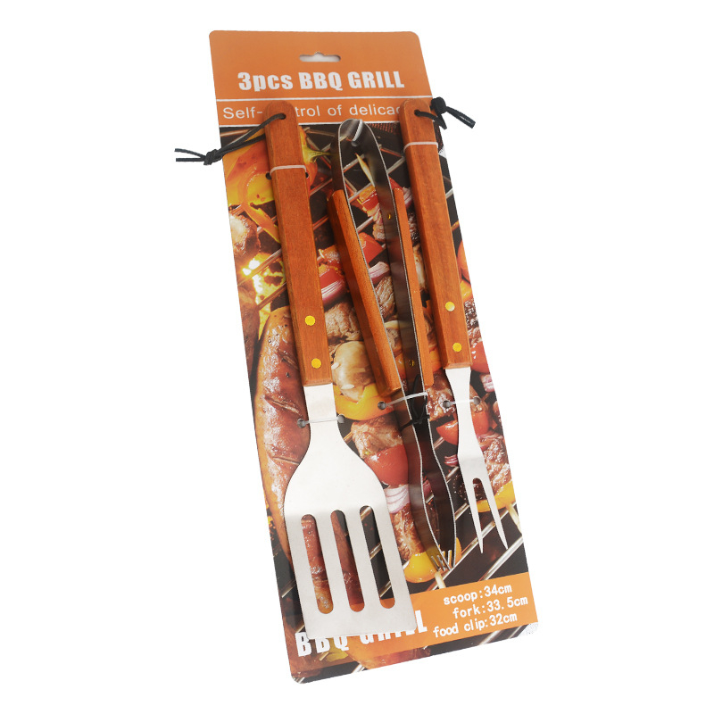Set exterior din 4 instrumente BBQ cu mâner din lemn și oțel inoxidabil — cuțit, clipsă, furculiță, spatulă