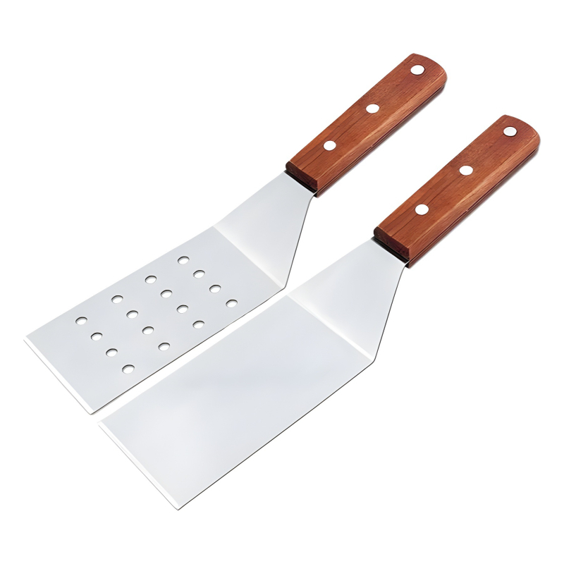 Set de ustensile pentru grătar din oțel inoxidabil, cu mâner din lemn - spatulă teppanyaki, rezistentă la temperaturi înalte