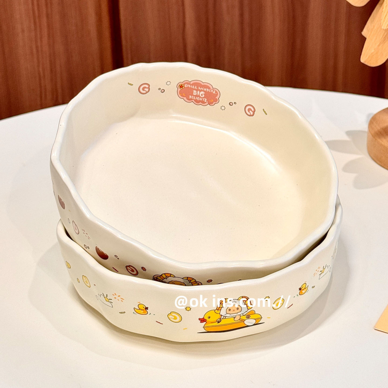 Tavă ceramică de copt cu model de desene animate, rotundă, diametrul 24 cm, compatibilă cu cuptorul, cuptorul cu microunde și air fryer, pentru preparate cu brânză