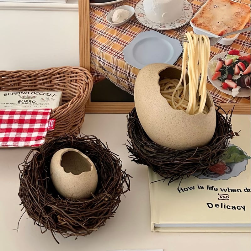 Bol ceramic în formă de ou – design creativ cu cuib de pasăre pentru deserturi, băuturi reci și tăiței
