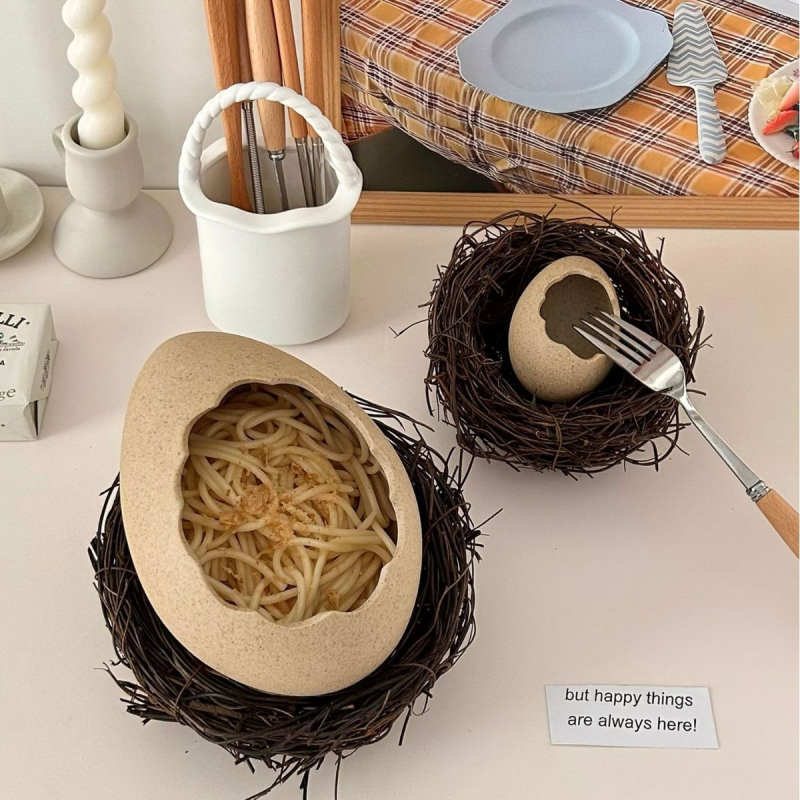 Bol ceramic în formă de ou – design creativ cu cuib de pasăre pentru deserturi, băuturi reci și tăiței