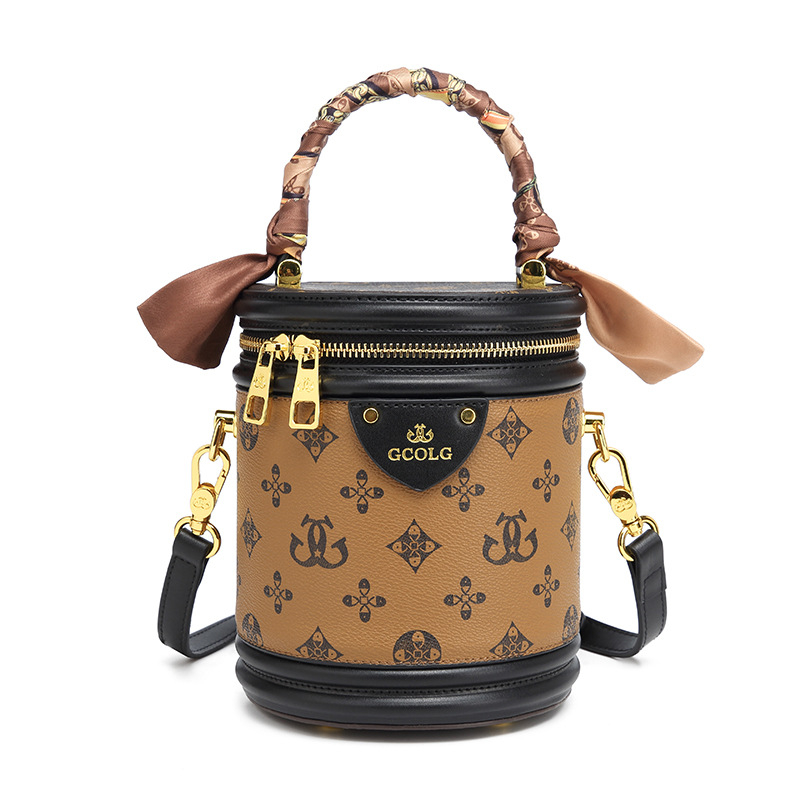 Qinghe Visokokvalitetna tiskana cilindrična torbica za žene, novi model, bucket torba sa šalom, PU koža, mala veličina, za nošenje na ramenu ili crossbody