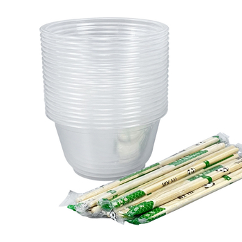 Set de tacâmuri de unică folosință cu boluri de supă din plastic, cutie pentru prânz și bețișoare; plastic îngroșat, ambalaj în lot
