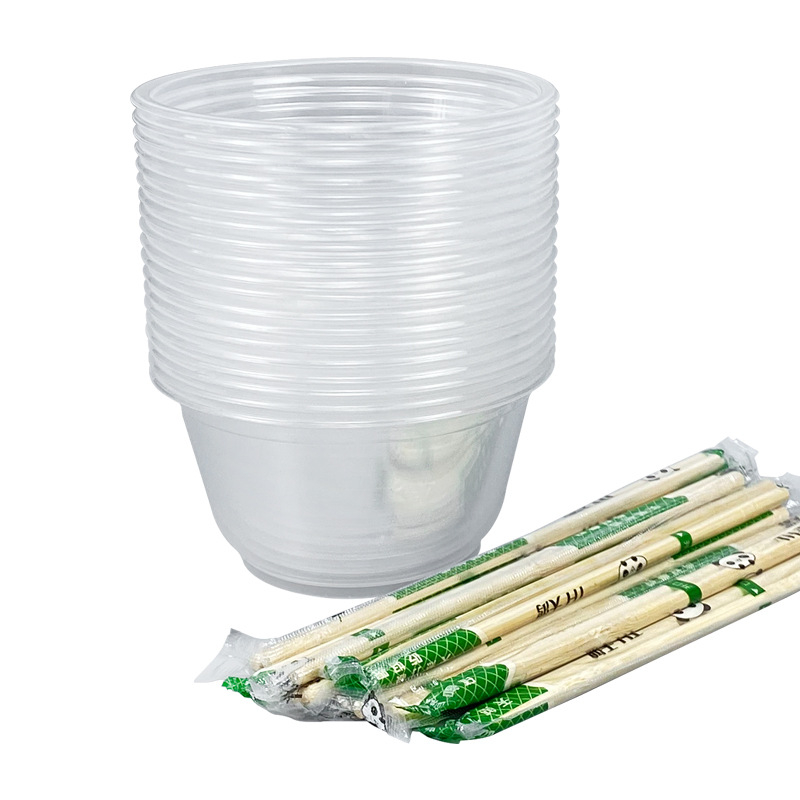 Set de tacâmuri de unică folosință cu boluri de supă din plastic, cutie pentru prânz și bețișoare; plastic îngroșat, ambalaj în lot