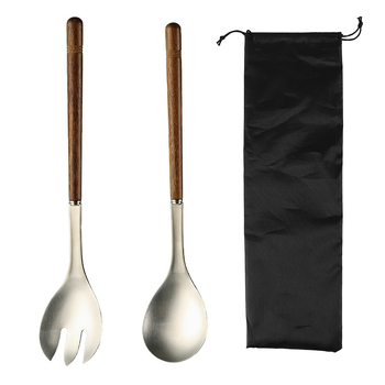 Set linguri pentru salată din oțel inoxidabil 304, design vintage creativ, lingură de amestec din lemn cu mâner lung și furculiță pentru pește