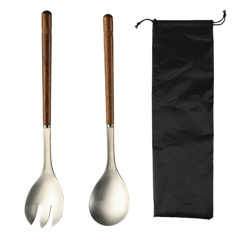 Set linguri pentru salată din oțel inoxidabil 304, design vintage creativ, lingură de amestec din lemn cu mâner lung și furculiță pentru pește