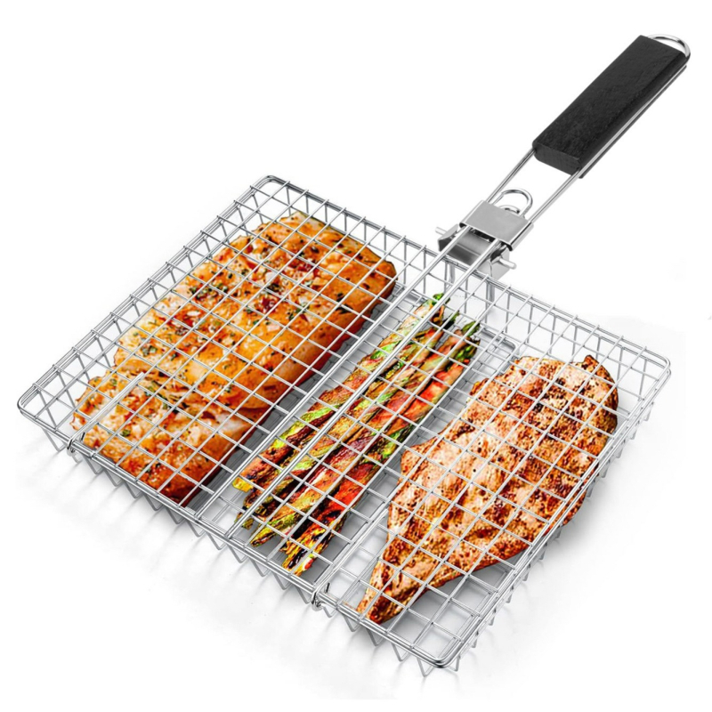 Clește de grătar cu mâner pliabil, grătar exterior multifuncțional din oțel inoxidabil pentru pește, carne și porumb