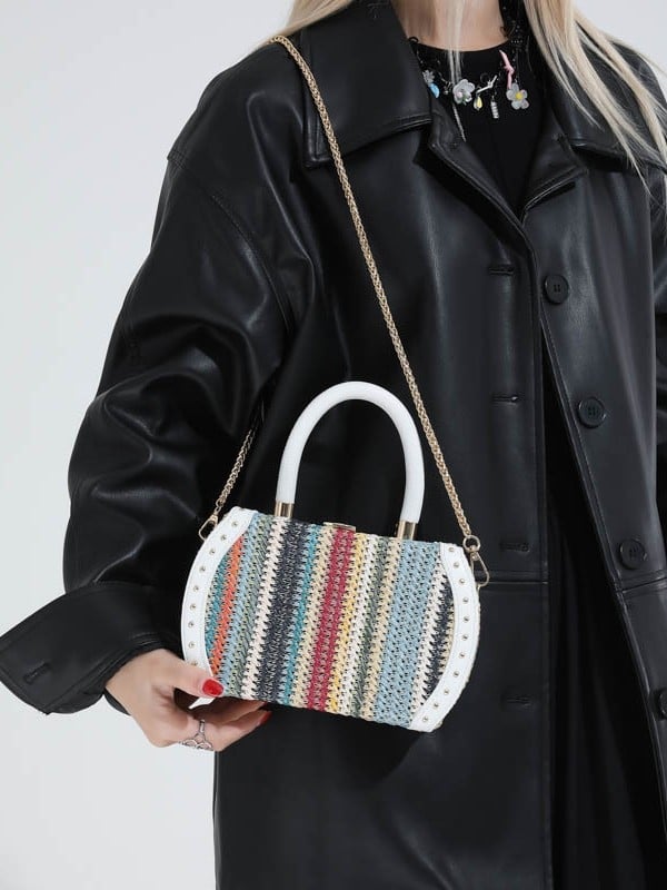 Šarena pleteni box torba za jesen/zimu s rivet detaljima, luksuzna ženska torba za nošenje na ramenu