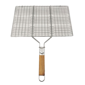 Clește de barbecue cu mâner din lemn, din oțel inoxidabil, clemă de grătar cu plasă detașabilă, suport pliabil pătrat pentru pește