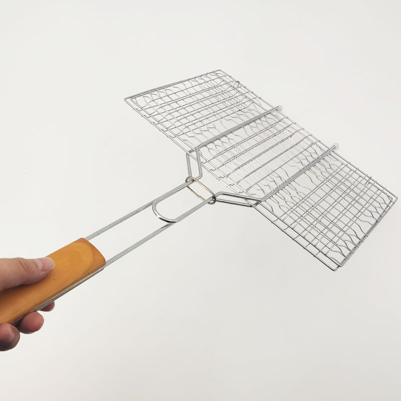 Clește de barbecue cu mâner din lemn, din oțel inoxidabil, clemă de grătar cu plasă detașabilă, suport pliabil pătrat pentru pește