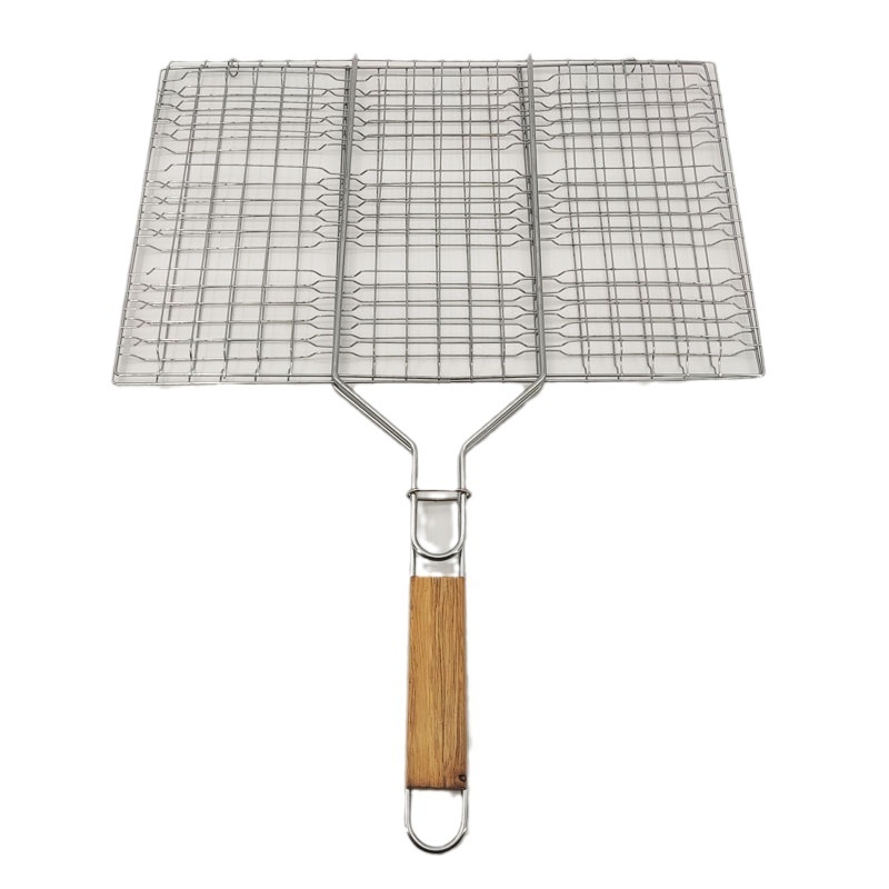 Clește de barbecue cu mâner din lemn, din oțel inoxidabil, clemă de grătar cu plasă detașabilă, suport pliabil pătrat pentru pește