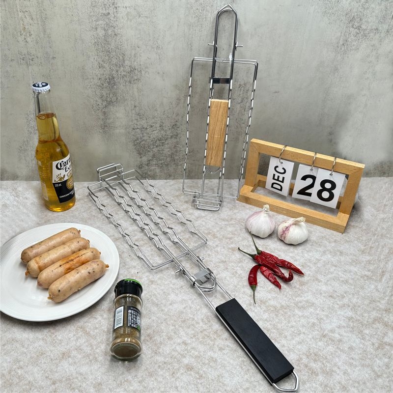 Grilă din oțel inoxidabil pentru hot dog și cârnați, plasă detașabilă și pliabilă, suport exterior de grătar