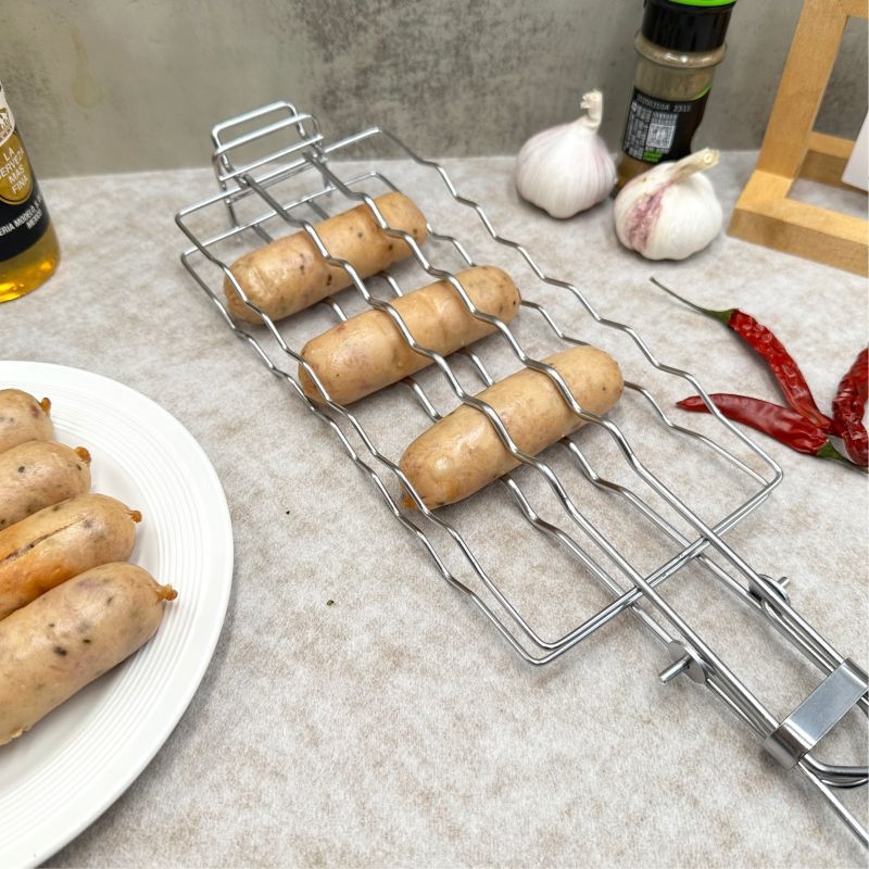 Grilă din oțel inoxidabil pentru hot dog și cârnați, plasă detașabilă și pliabilă, suport exterior de grătar