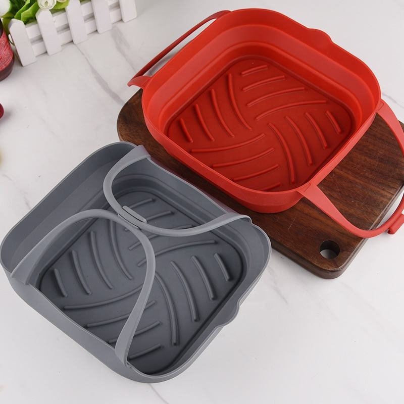 Tavă pliabilă din silicon, pătrată, pentru friteuza cu aer, cu două mâneri — tavă de coacere, coș de prăjit, covoraș de copt, formă de copt
