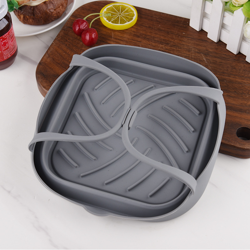 Tavă pliabilă din silicon, pătrată, pentru friteuza cu aer, cu două mâneri — tavă de coacere, coș de prăjit, covoraș de copt, formă de copt