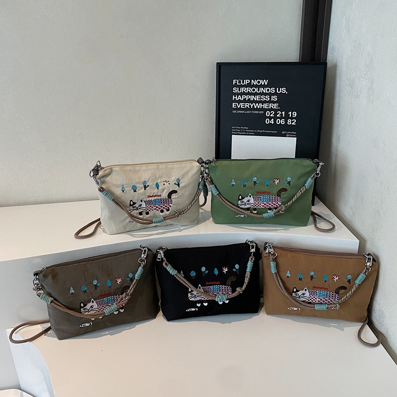 Najlonska torba s mačjim vyšitkom, vodootporna, crossbody za žene
