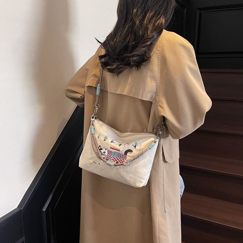 Najlonska torba s mačjim vyšitkom, vodootporna, crossbody za žene