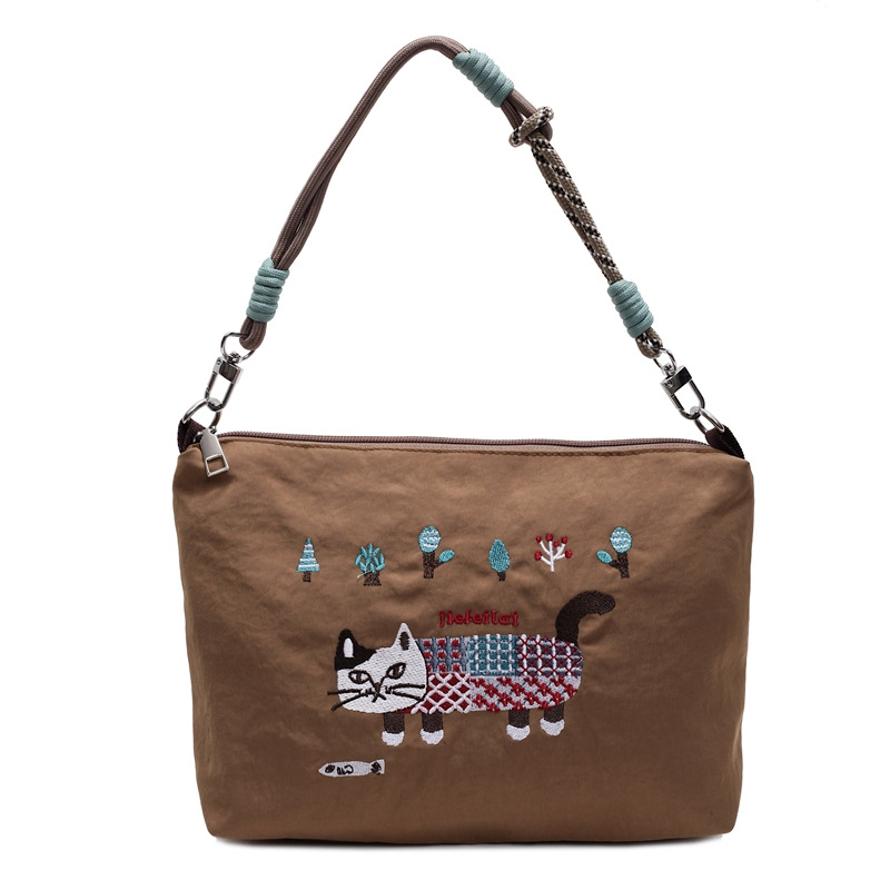 Najlonska torba s mačjim vyšitkom, vodootporna, crossbody za žene