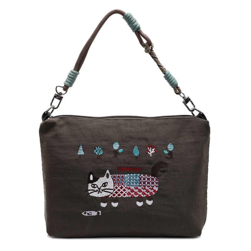 Najlonska torba s mačjim vyšitkom, vodootporna, crossbody za žene